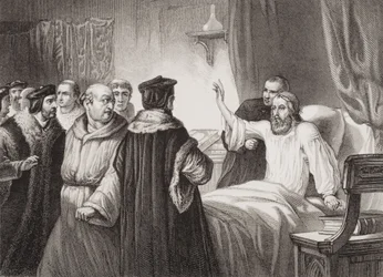 John Wycliffe (ok. 1330-84) na łożu chorym zaatakowany przez braci w Oksfordzie, 1378, z „Illustrations of English and Scottish History” Tom I